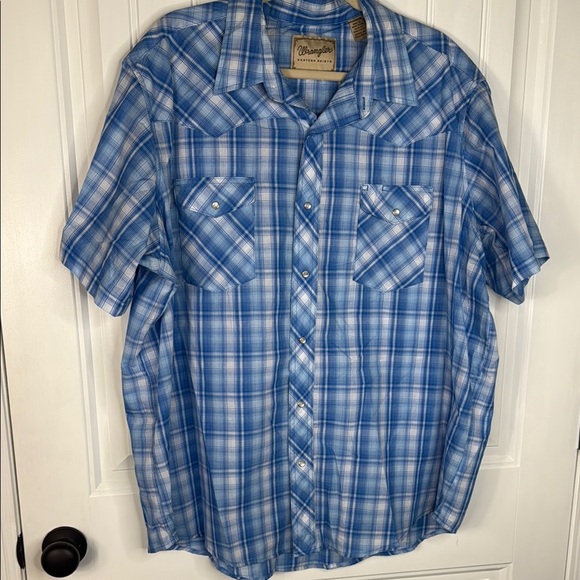 Wrangler Western Pearl Snap Shirt Men's 2XL Short Sleeve Blue White Plaid - Picture 8 of 8